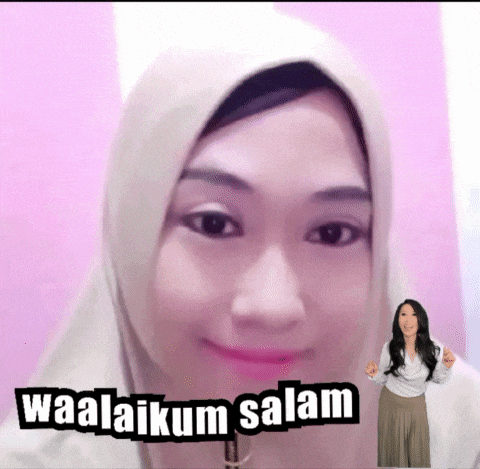a woman wearing a hijab is smiling with the words waalaikum salam above her