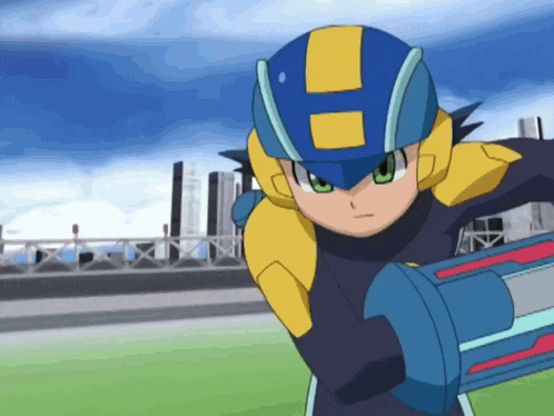 a cartoon character wearing a helmet and holding a weapon