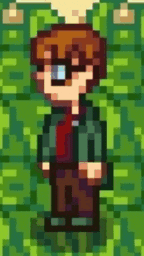 a pixel art drawing of a man wearing glasses and a green jacket .