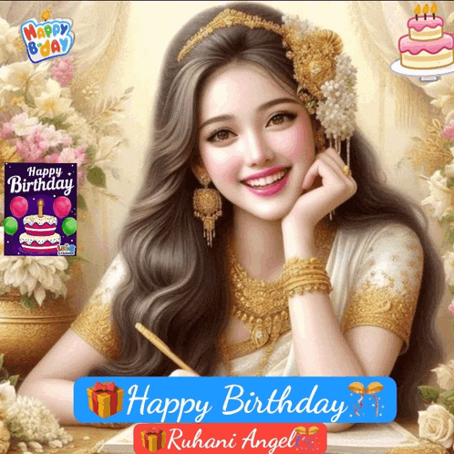a painting of a woman with flowers in her hair and the words happy birthday behind her