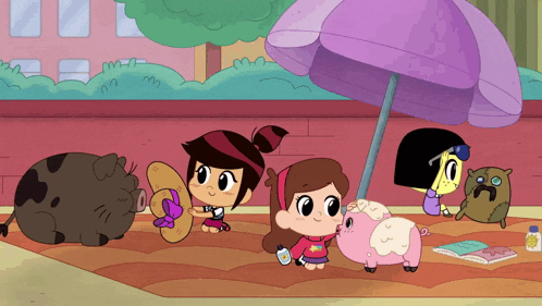 a group of cartoon characters are gathered under an umbrella