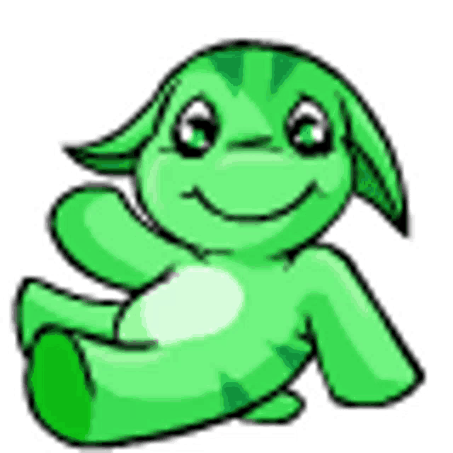 a green cartoon frog is sitting down and smiling .