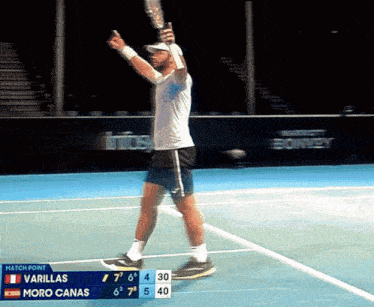 a man holding a tennis racquet on a tennis court with varillas and moro canas in the match point