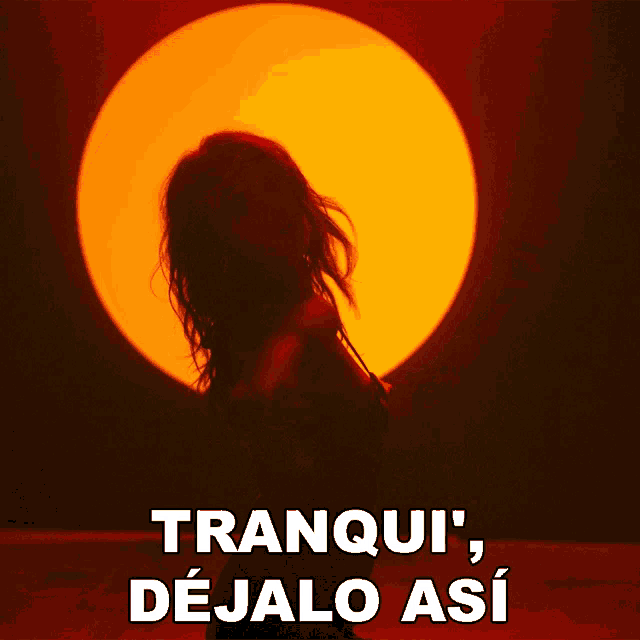 a woman is standing in front of a large orange circle with the words tranquil dejalo a on the bottom