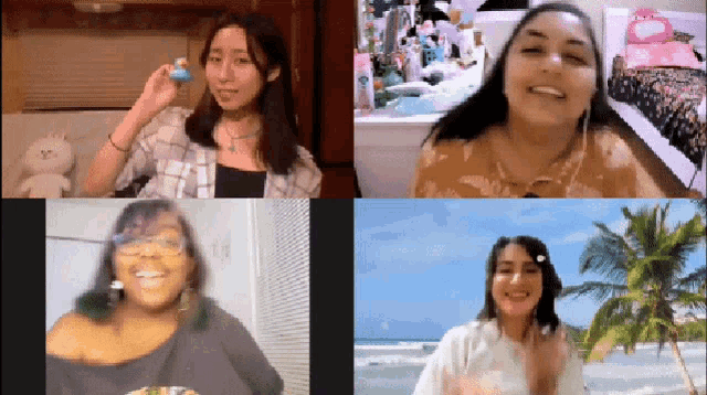 a group of women are having a video call and one of them is wearing a hawaiian shirt