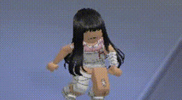 a doll with long black hair is standing on a blue surface .