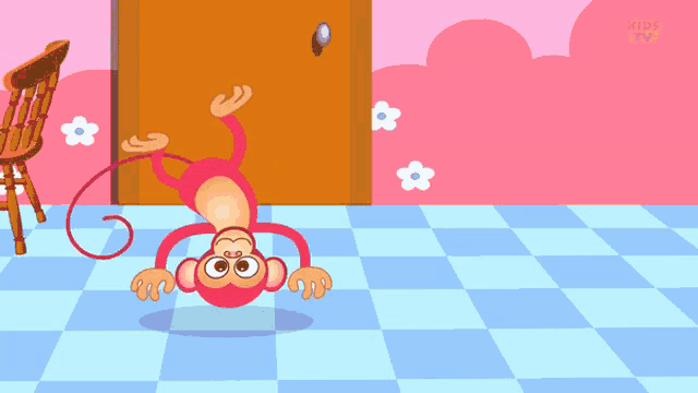 a cartoon of a monkey dancing in a room with kids tv written on the bottom right