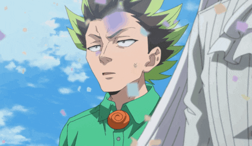 a cartoon of a man with green hair and a white shirt