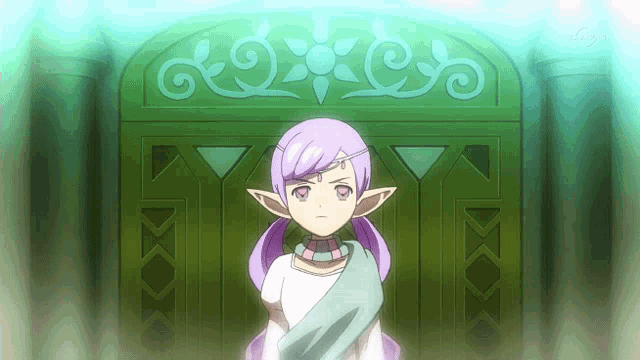 a girl with purple hair is standing in front of a green door that says tokyo