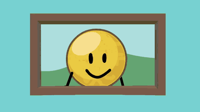 a cartoon illustration of a gold coin with a smiling face holding a picture frame