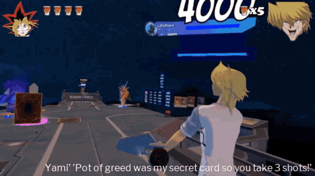 a screenshot of a video game that says yami ' pot of greed was my secret card so you take 3 shots