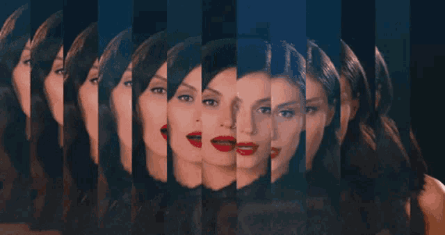 multiple images of a woman with red lipstick are shown