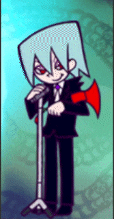 a cartoon character is singing into a microphone while wearing a suit and tie