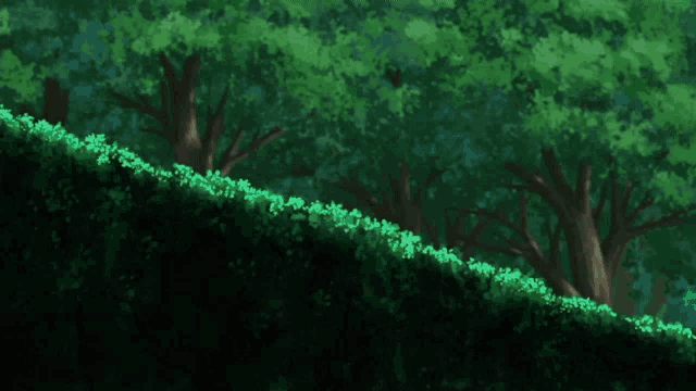 a painting of a forest with trees and leaves flying in the air