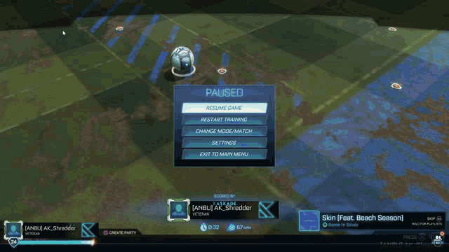a screen shot of a rocket league game with anbu ak shredder in the upper right corner