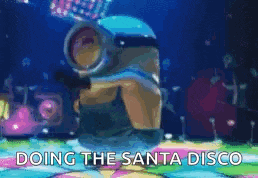 a picture of a minion dancing on a disco floor with the words doing the santa disco