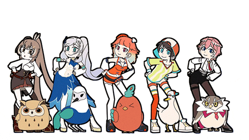 a group of cartoon characters standing next to each other with a duck in the middle