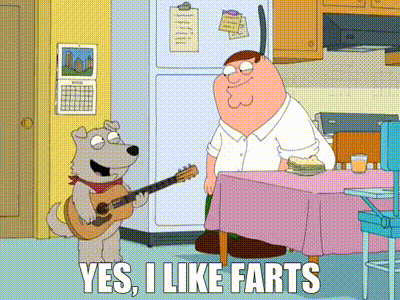 a cartoon of a dog playing a guitar with the words yes i like farts