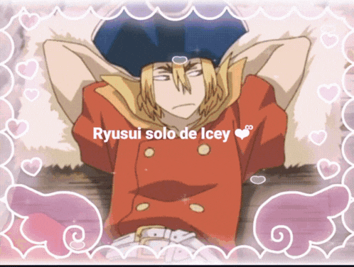 a picture of ryusui solo de icey is surrounded by pink hearts