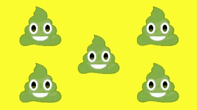 a bunch of green poop with white eyes and smiles on a yellow background