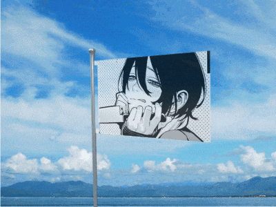 a flag with a picture of a girl covering her mouth