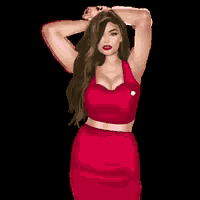 a woman in a red dress is dancing with her hands behind her head .