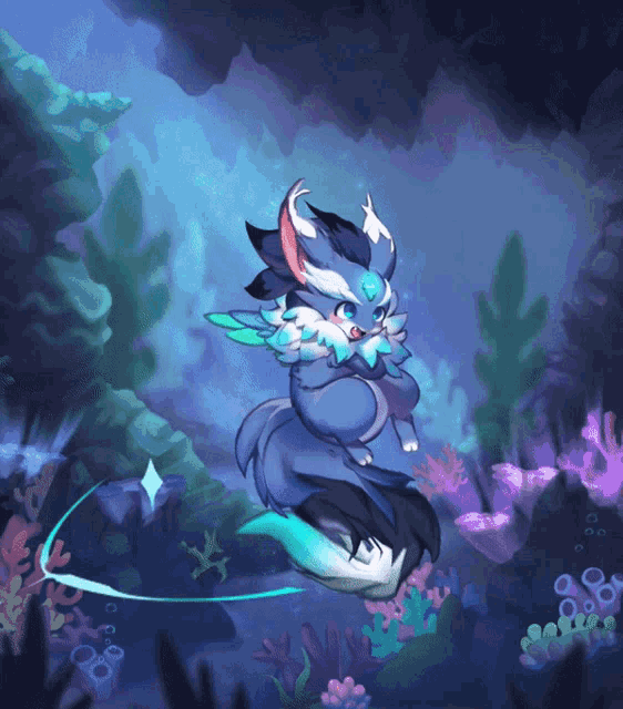 a cartoon drawing of a cat in a cave with corals