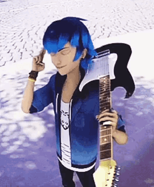 a young boy with blue hair is holding a guitar .