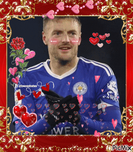 a picture of a soccer player with hearts around him