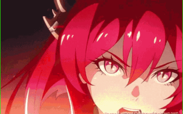 a close up of a red haired anime girl with a crown on her head