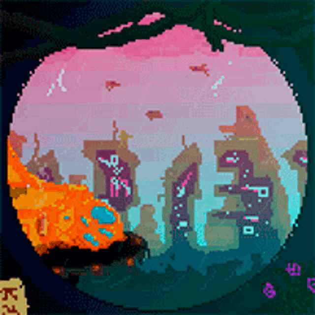 a pixel art painting of a city with the letter k on the bottom
