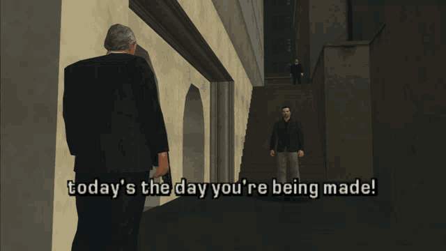 a video game scene with two men and the words today 's the day you 're being made at the top