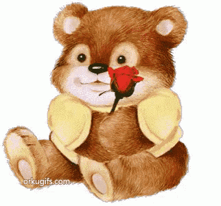 a teddy bear is holding a red rose in its mouth with the website orkugifs.com below it