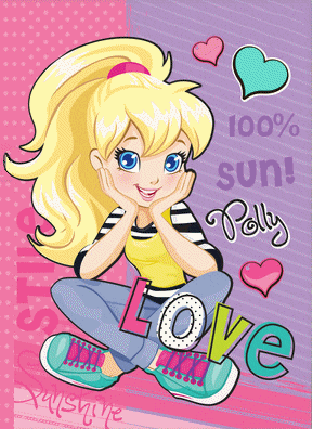a cartoon of polly pocket sitting on a pink and purple background