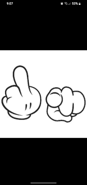 a black and white drawing of mickey mouse gloves giving a middle finger and pointing at the camera .