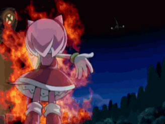 amy rose is standing in front of a fire in a video game .