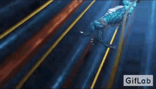 a cartoon character is flying through the air with a sword .