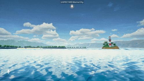 a lighthouse on a small island in the middle of the ocean with spectar marina city on the bottom