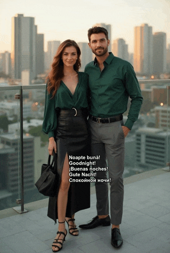 a man and a woman are posing for a picture and the woman is wearing a green shirt and the man is wearing grey pants
