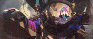 it looks like a painting of a monster with sharp teeth and a purple hat .