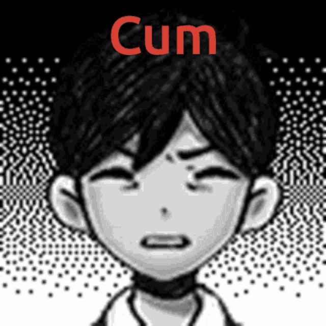 a black and white drawing of a boy with the word cum written on it