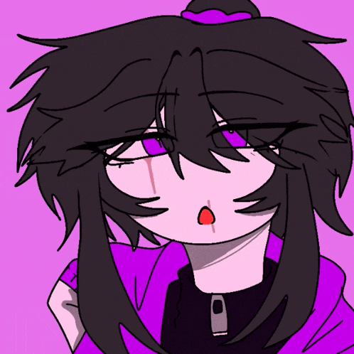 a drawing of a girl with black hair and purple eyes on a pink background