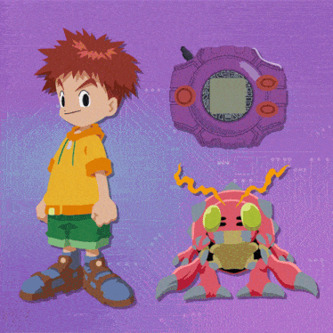 a cartoon character stands next to a purple device that says ' aei ' on it