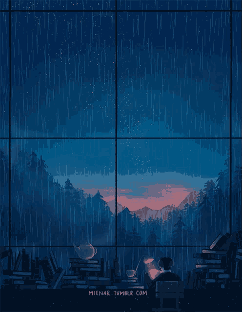 a man sits in front of a window reading a book in the rain with the website mienar.tumblr.com in the corner