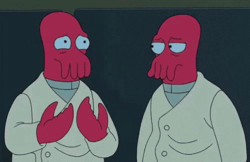 a cartoon character with a red head and yellow teeth stands next to another character