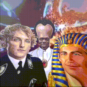 a painting of a man with a huge head and a priest