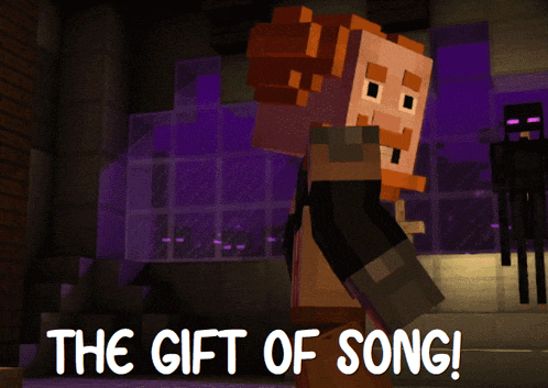 a minecraft character is standing in front of a purple background that says the gift of song