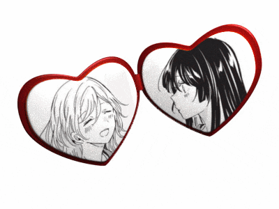 a pair of heart shaped glasses with a picture of two girls inside of them