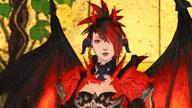 a woman with red hair and horns is wearing a red and black armor