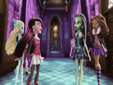 a group of monster high dolls standing in a hallway talking to each other